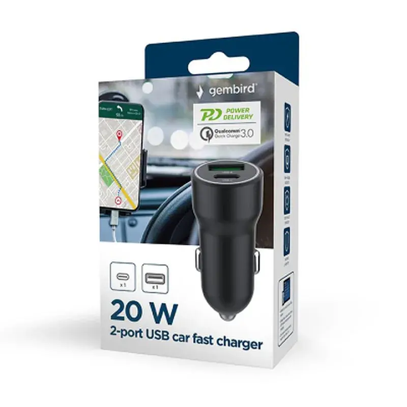 Зарядний пристрій Gembird 1xUSB-A (18W QC3.0) + 1xUSB-C (20W PD) black (TA-UC-A2PDQC20-CAR-01) - фото 5
