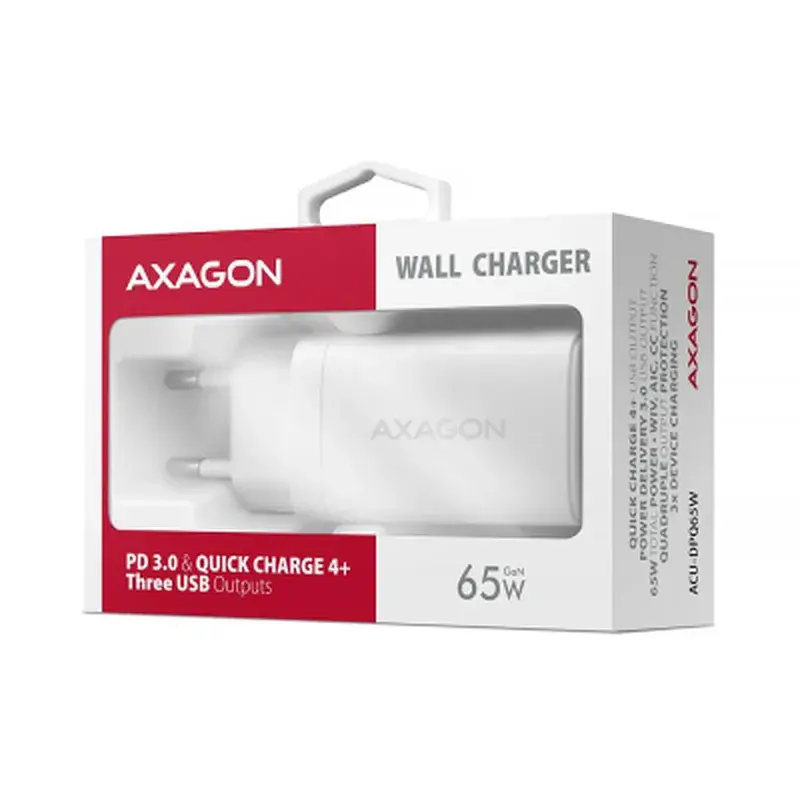 Зарядний пристрій AXAGON 1xUSB + 2xUSB-C 65W QC4+ PD3.0 PPS white (ACU-DPQ65W) - фото 2
