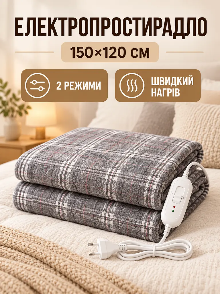 Електропростирадло 150×120 см з підігрівом, 2 режими температури, захист від перегріву, сіра (49676424) - фото 2