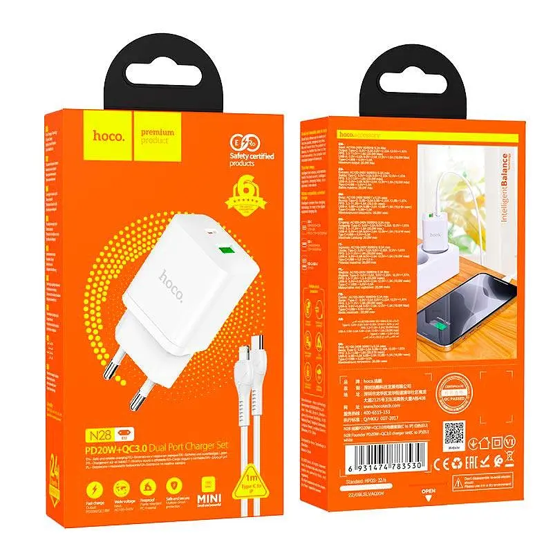 Мережевий зарядний адаптер HOCO Founder charger set N28 2 порти 20 W + Type-C to Lightning чорний - фото 2
