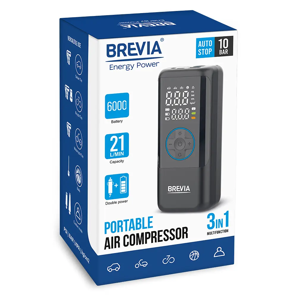 Компресор портативний Brevia 3в1 10Атм 21л/хв 6000mAh з LED-ліхтарем та автостопом + PowerBank(25120PTI) - фото 8