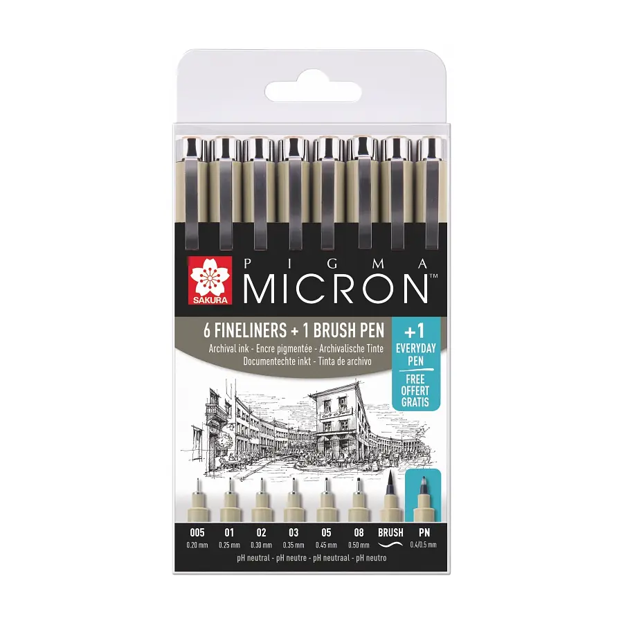Набір лінерів Sakura PIGMA MICRON 6 шт, 1 лінер-пензель Pigma Brush + PIGMA Micron PN в подарунок
