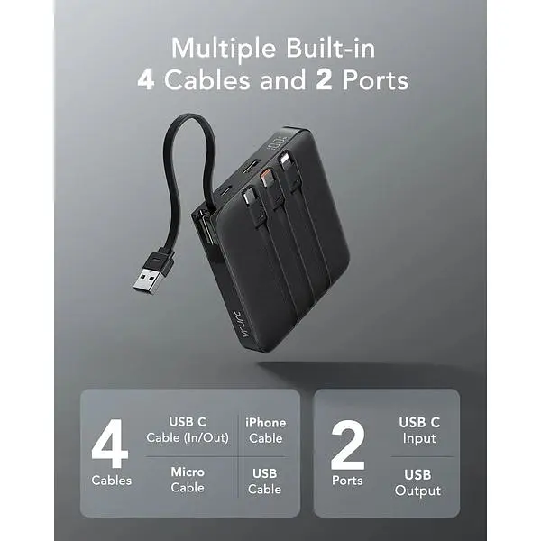 Портативное зарядное устройство Vrurc 20000 mAh со встроенными кабелями быстрый для iPhone мощностью 22,5 Вт - фото 3