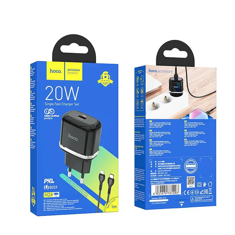 Адаптер HOCO Type-C to Lightning Cable Victorious single port charger set N24 |1Type-C, 20W/3A, PD/QC| - фото 9
