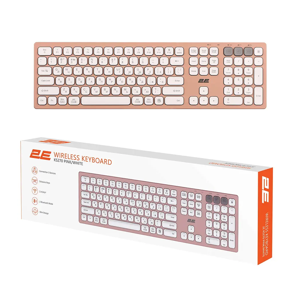 Клавіатура ножицьна бездротова 2E KS-270 Pink-White, 109key, WL/BT, EN/UK - фото 8