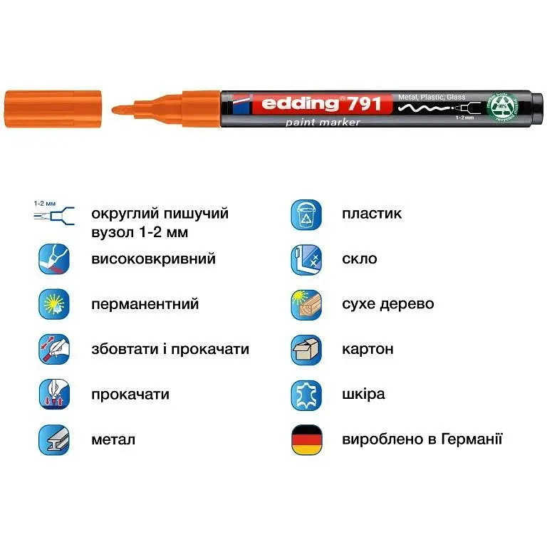 Маркер Edding Paint e-791 1-2 мм круглий помаранчевий (e-791/06n) - фото 2
