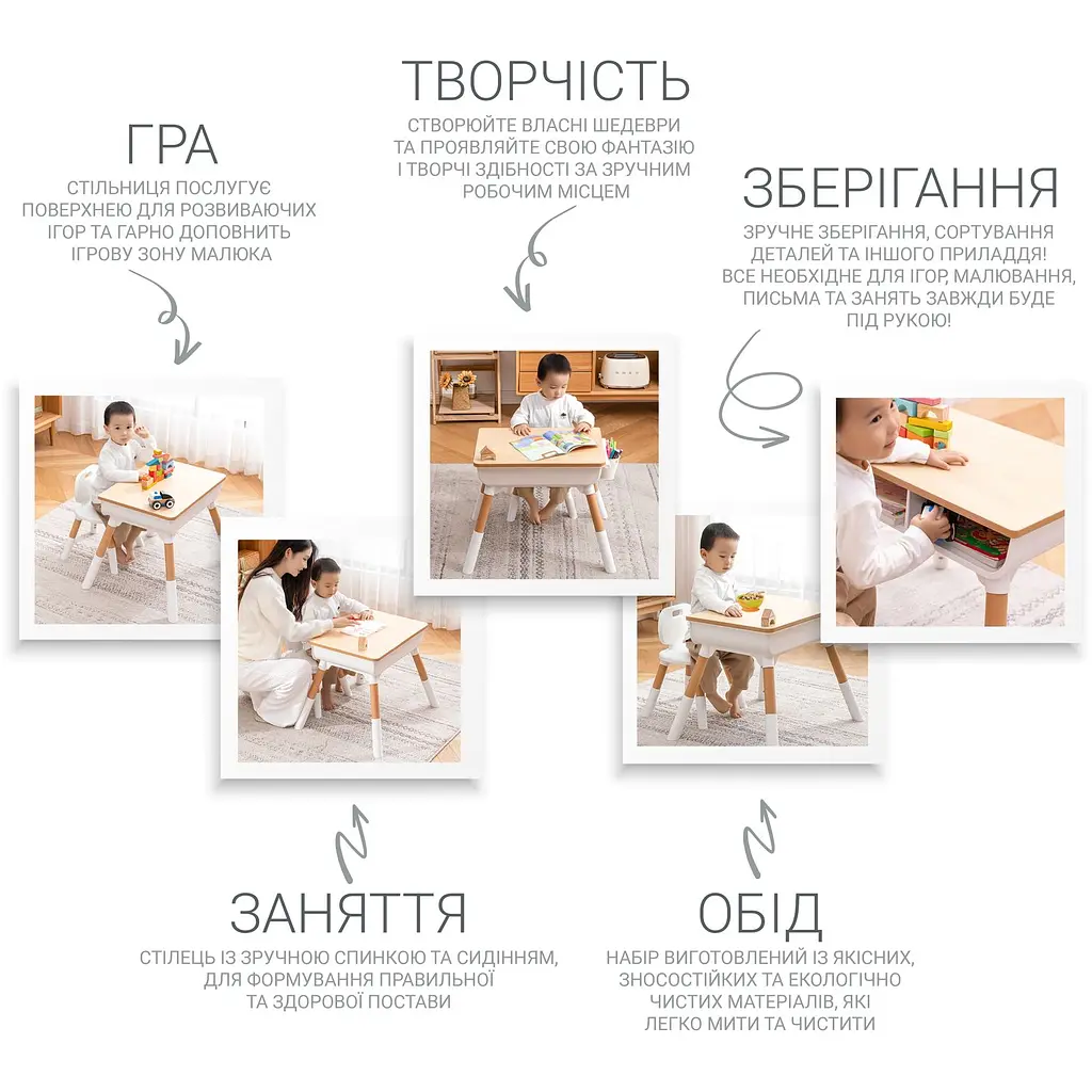 Детский многофункциональный столик и стульчик Poppet Мультивуд 3в1, белый (PP-010) - фото 11