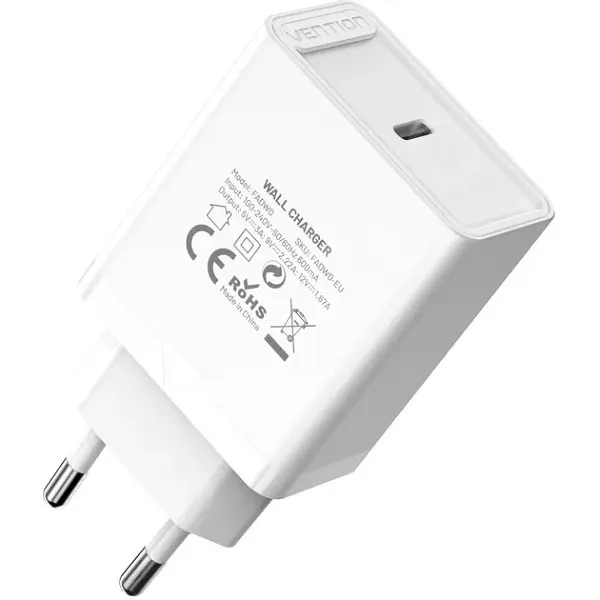 Зарядний пристрій 1xUSB-C 20W PD, QC4.0 білий Vention - фото 2