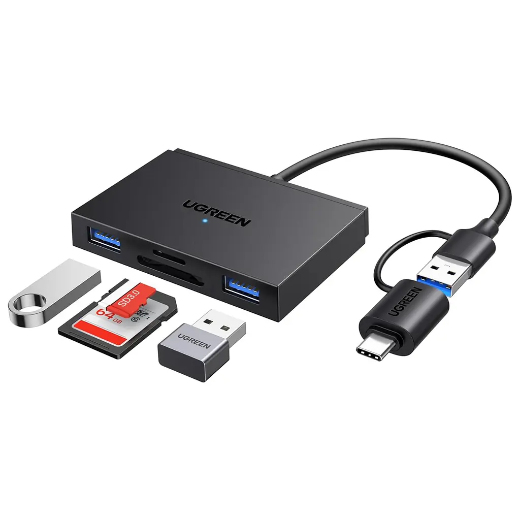 USB-хаб із кардридером UGREEN CM812 зчитувач карт пам’яті підключення через USB-A або USB-C слоти SD/microSD (TF) 3.0 2 порти USB-A 3.0 для периферії передавання через USB-A теоретично до 5 Гбіт/с читання теоретично до 170 МБ/с одночасна робота обох слотів і USB-периферії без встановлення драйверів у Windows/macOS/Linux підтримка SD/microSD місткістю до 2 ТБ світлодіодний індикатор роботи перехідник USB-C закріплений на кабелі для Android потрібна підтримка USB host/OTG мобільним пристроєм чорний (45167)