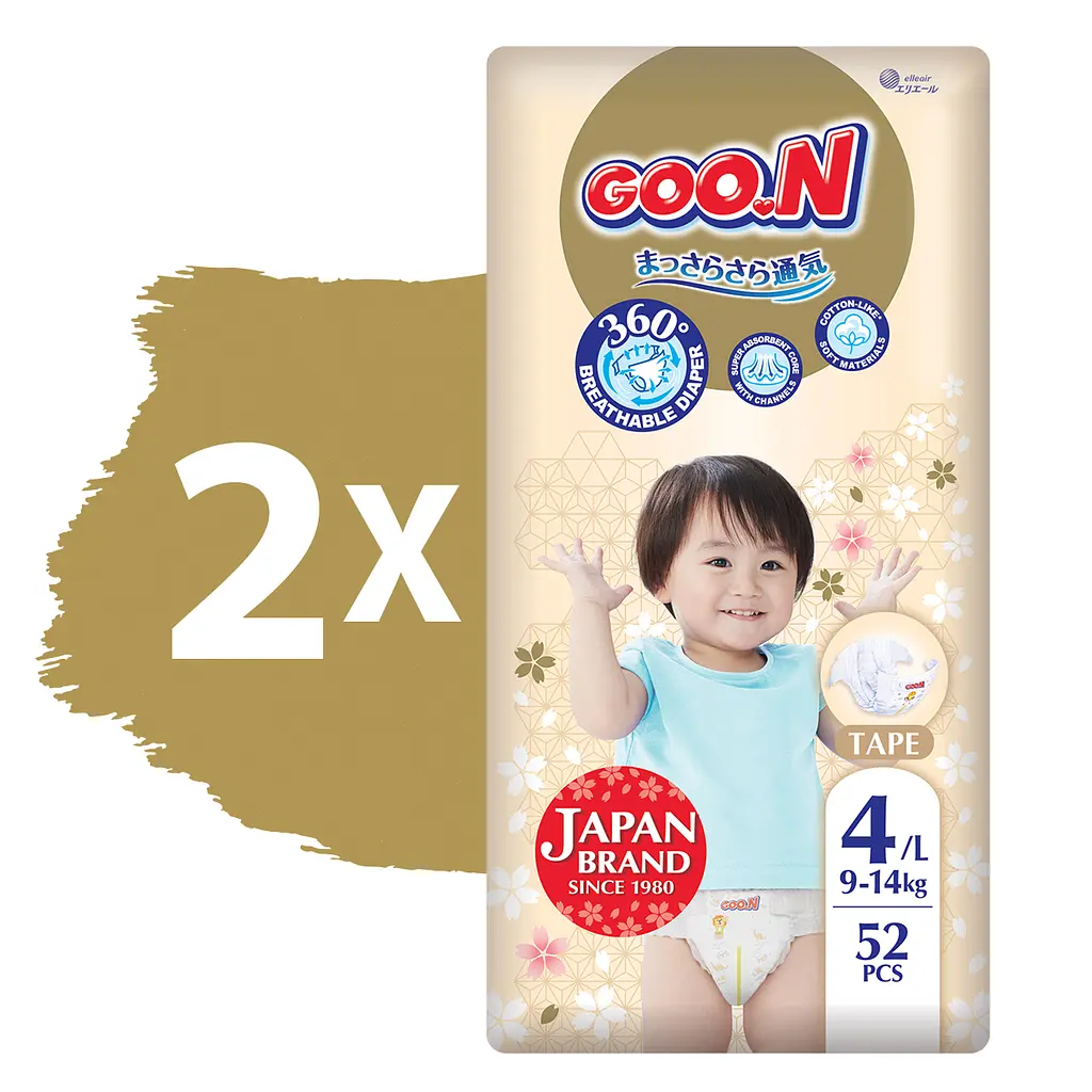 Набір підгузків на липучках Goo.N Premium Soft розмір 4 (L) 9-14 кг 104 шт. (2 уп. по 52 шт.) - фото 2