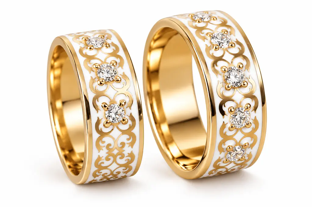 Чоловіча обручка Jewellery Continent з жовтого золота з діамантами та білою емаллю 23 (К-0870) - фото 4