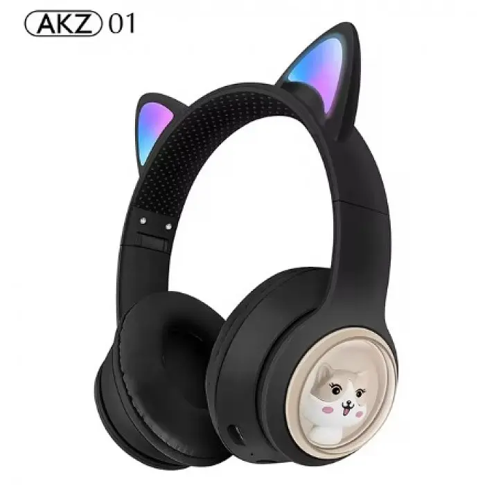 Беспроводные Bluetooth наушники с светящимися кошачьими ушками черные AKZ-01 micro SD AUX - фото 1