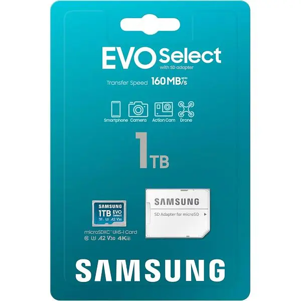 Карта памяти Samsung EVO Select microSDXC 160MB/s Full HD & 4K UHD, UHS-I, U3, A2, V30 1Tb + SD-adapter (MB-ME1T0SA/AM) - фото 4