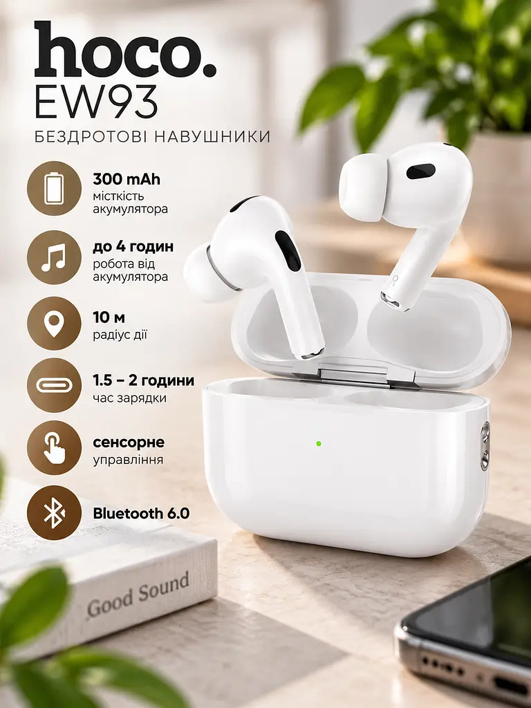 Бездротові вакуумні навушники з мікрофоном в кейсі HOCO EW93 300 mAh акумуляторні блютуз навушники для телефонів та планшетів Bluetooth 6.0 Type-C Білий - фото 4