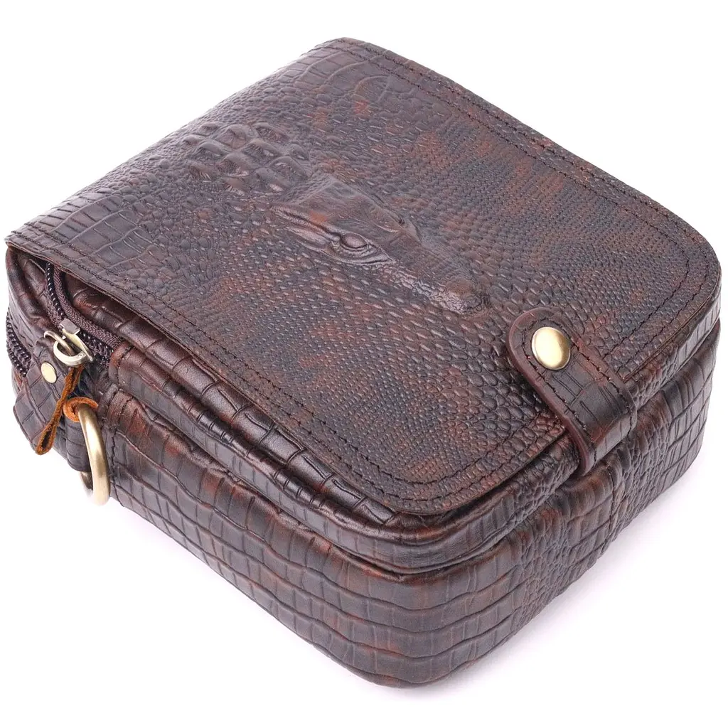 Фактурная мужская сумка из натуральной кожи с тиснением под крокодила 21300 Vintage коричневая - фото 3