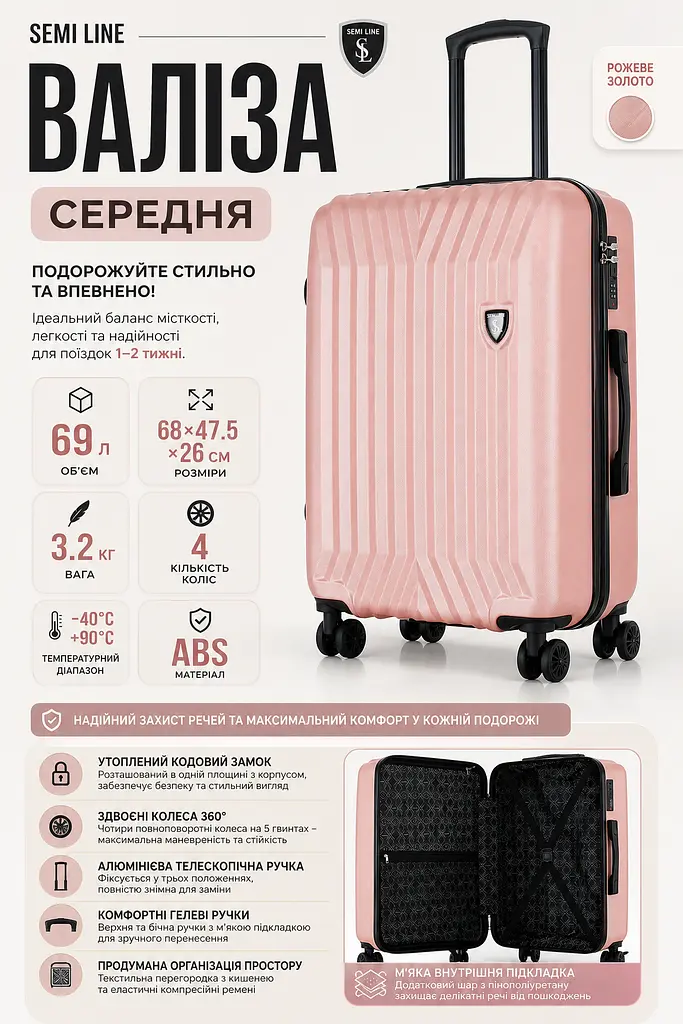 Валіза середня Semi Line T5987-4 ABS-пластик 24 дюйми 69 л Рожеве золото - фото 3
