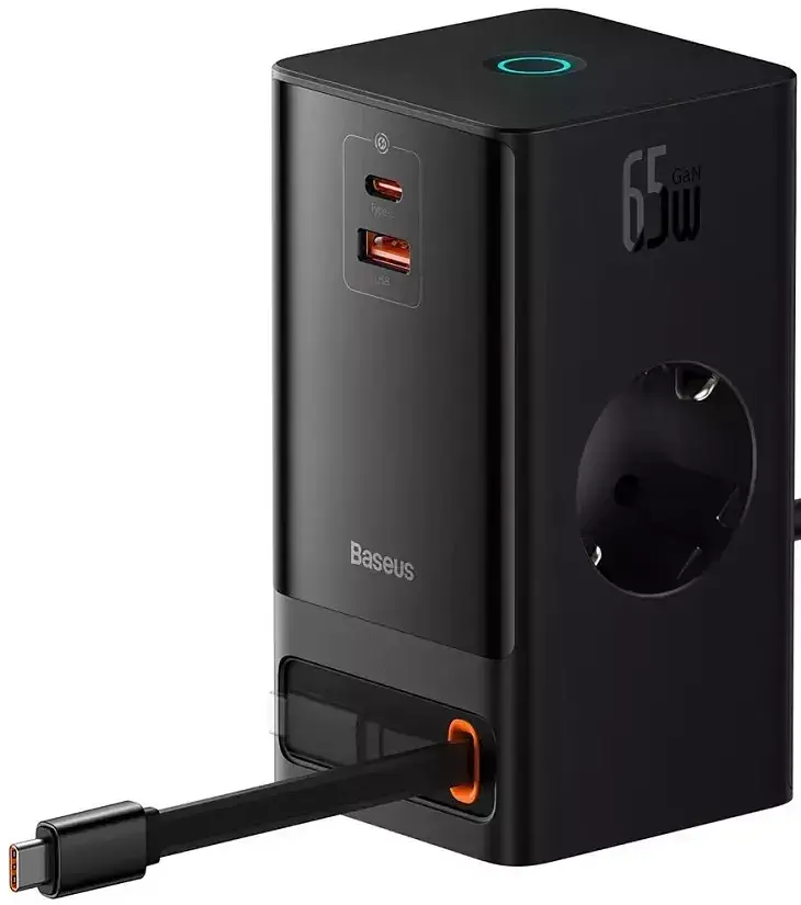 МЗП Baseus Power Combo Digital Power Strip 2AC+USB+Type-C+Retractable-C 65W with 1.5m Power Cord PSLR000301 Black - фото 2