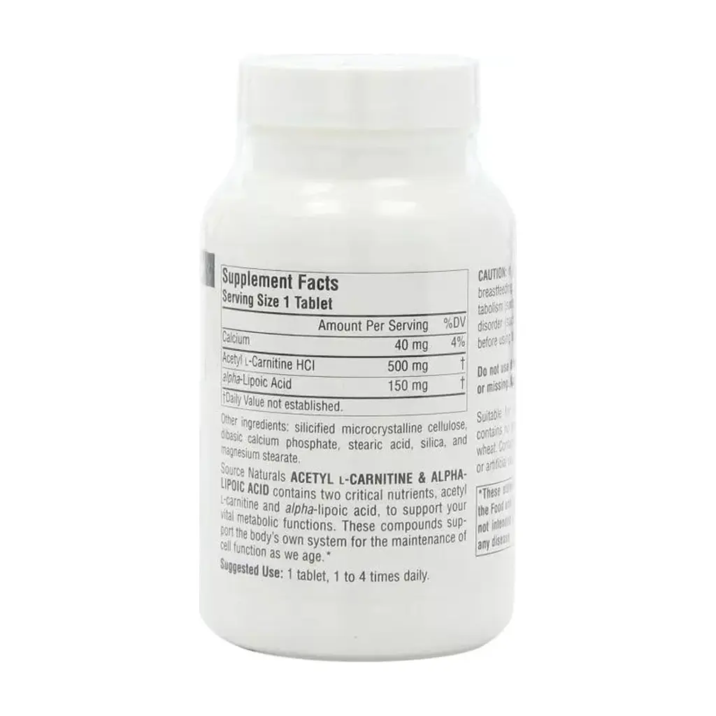 Амінокислота Source Naturals Ацетил-L-Карнітін та Альфа-Ліпоєва Кислота 650мг, 60 табл (SN1799) - фото 2