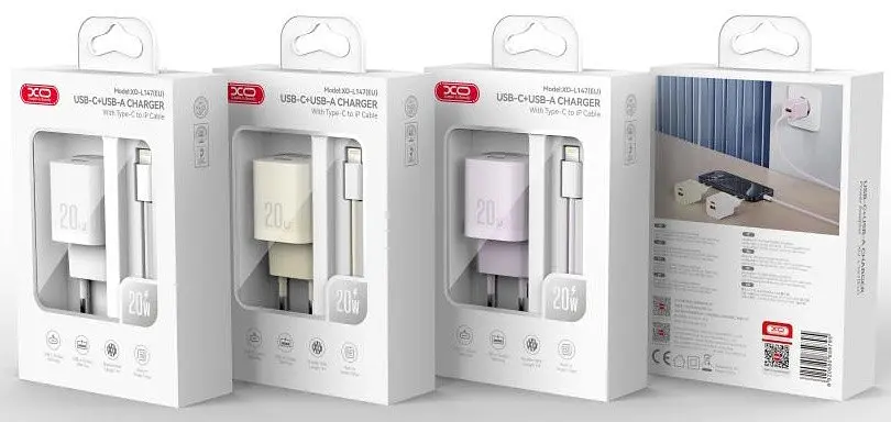 Сітчастий зарядний пристрій XO L147 double USB-A/USB-C 20W 3A with Lightning-Type-C cable Білий - фото 2