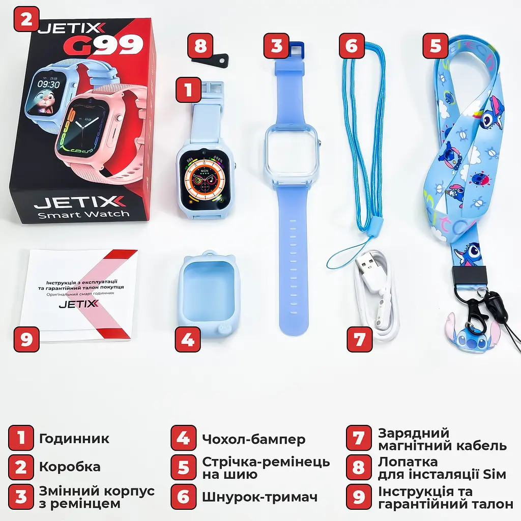 Дитячий смарт-годинник JETIX G99 зі змінним корпусом, GPS, 4G Відеодзвінком і вологозахистом (Black) Блакитний - фото 9