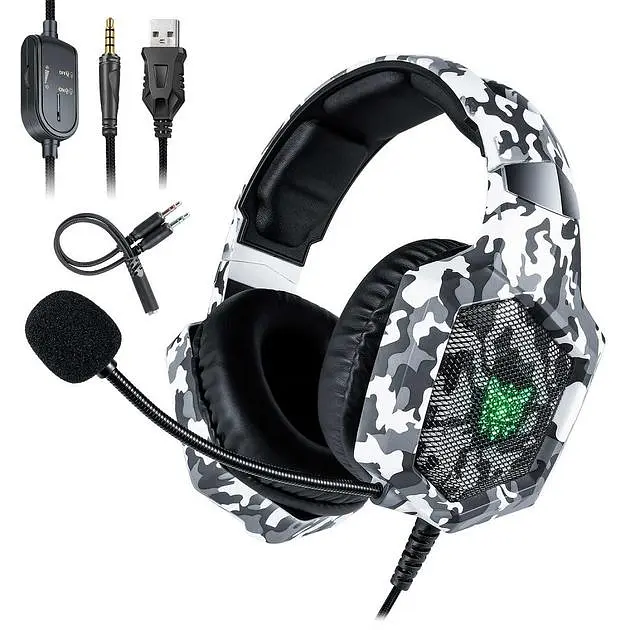 Проводная игровая гарнитура Onikuma Gaming with LED K8, USB, 3.5mm, 2.2m, Camouflage-White - фото 7
