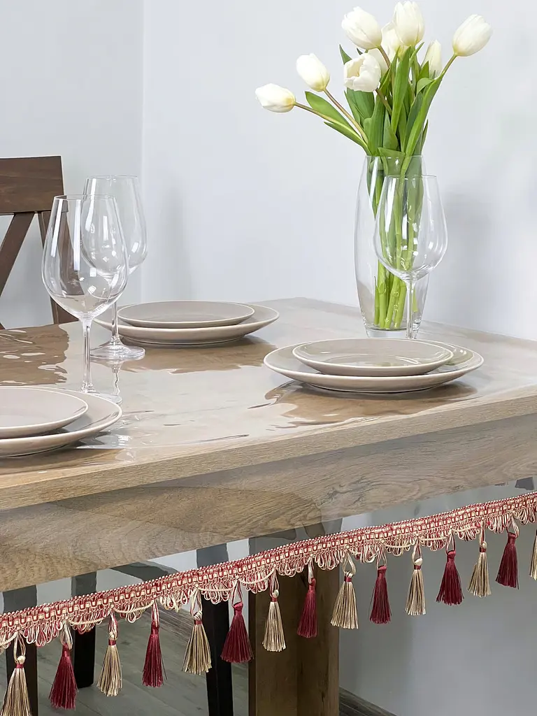 Скатертина силіконова з бордово-молочною бахромою 380х120 см - фото 4