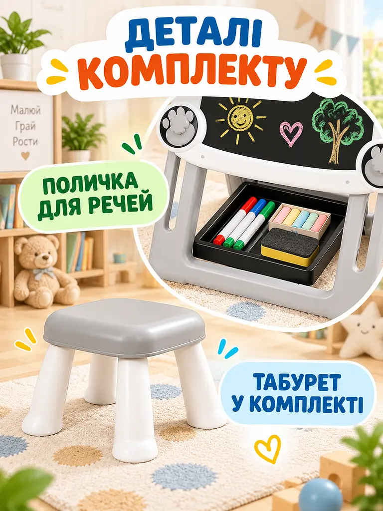 Дитячий мольберт для малювання двосторонній магнітний з табуретом і набором для творчості, для маркерів і крейди, біло-сірий - фото 6