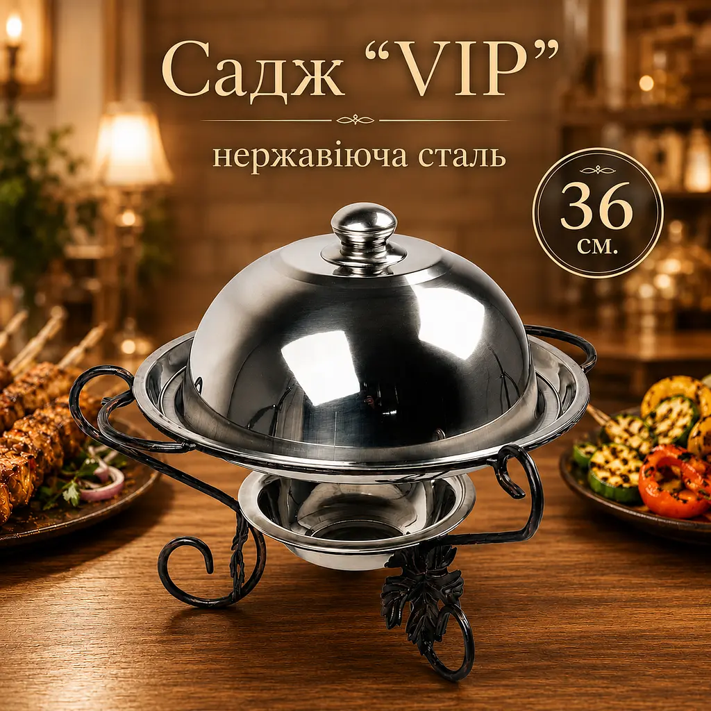 Садж для подачі та підігріву шашлику 36 см VIP Виноградний лист з кришкою - фото 4