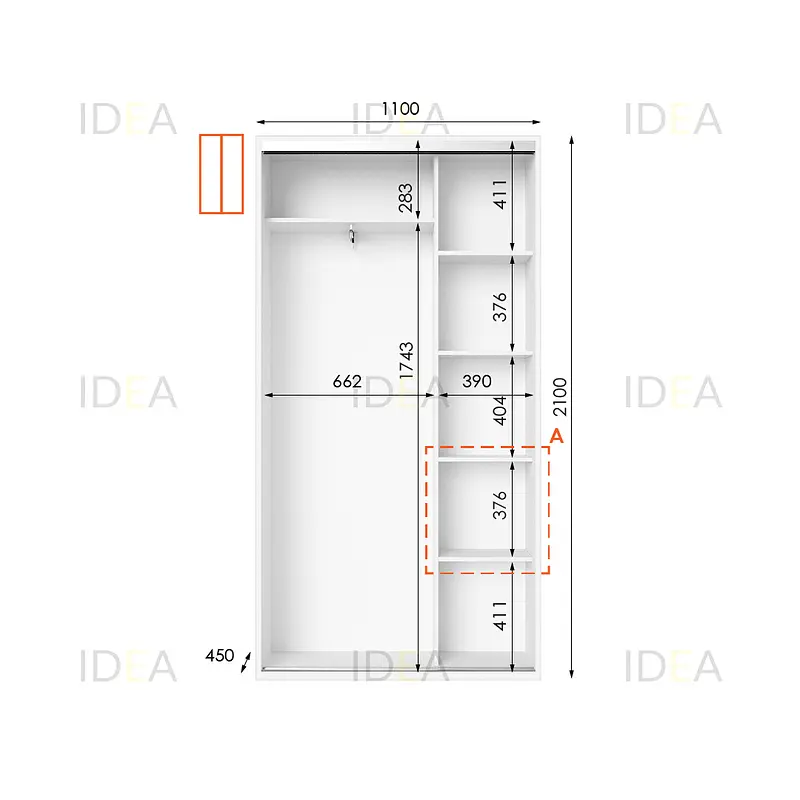 Шафа-купе Idea серія 5 110 x 45 x 210 см Білий Дзеркало - фото 2