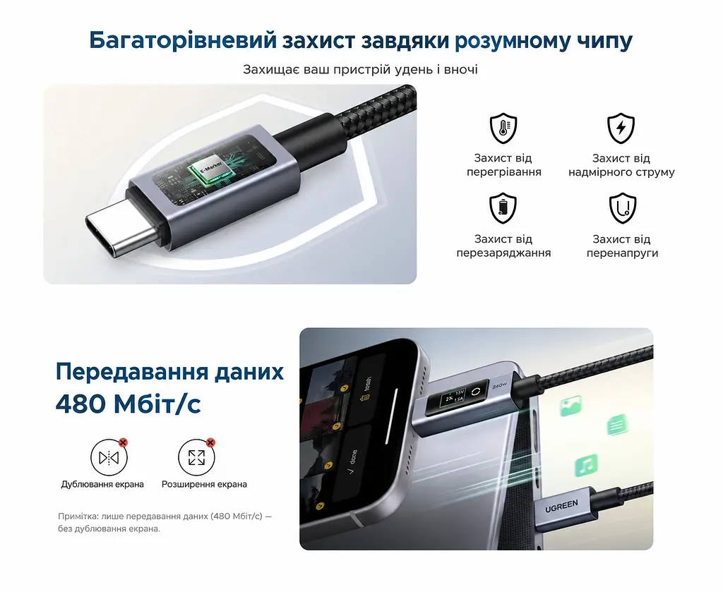 Кабель UGREEN L541 USB-C - USB-C PD 3.1 240 Вт з дисплеєм 2 м чорний (55816) - фото 5