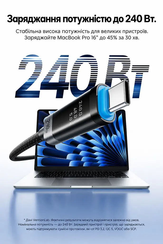 Кабель Vention TSIBH USB-C - USB-C PD 240 Вт з OLED-дисплеєм 2 м чорний (TSIBH) - фото 5