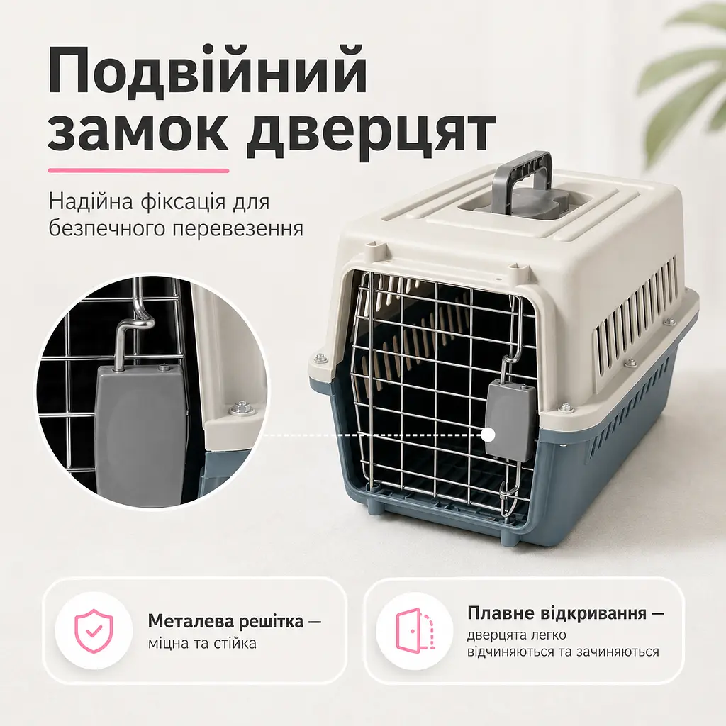 Переноска для котів і собак до 12 кг 48×32×30 - вентильована з комплектом (підвісна миска та пластикова підлога) KT8002002 - фото 7