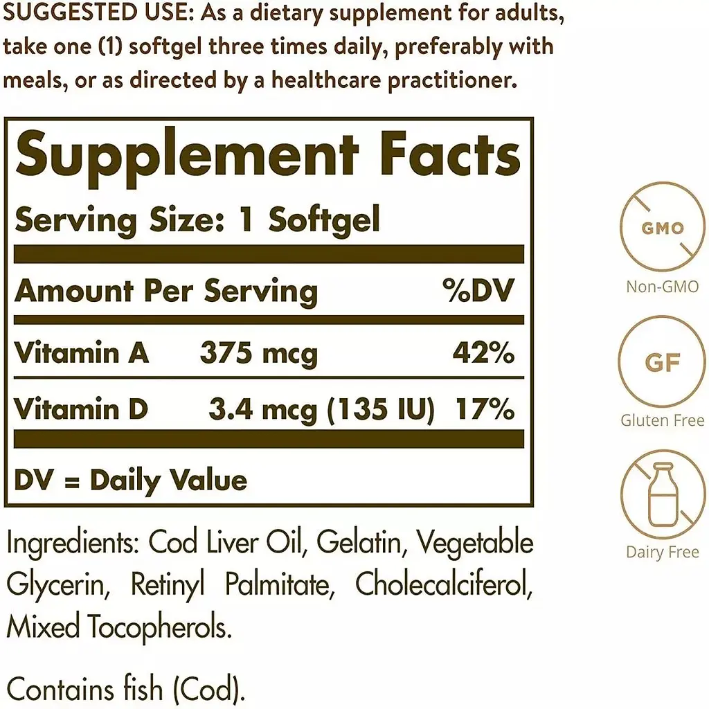 Вітаміни A і D Solgar Cod Liver Oil & Vitamins A & D з печінки норвезької тріски 100 капсул - фото 3