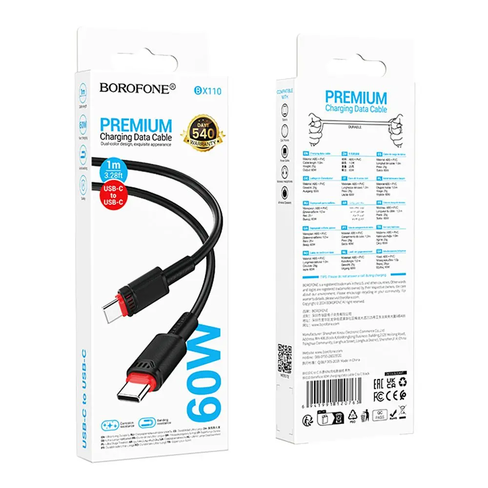 Кабель синхронізації Borofone BX110 Premium 60W/3A Type-C to Type-C 1м Black (37238_3611052) - фото 3