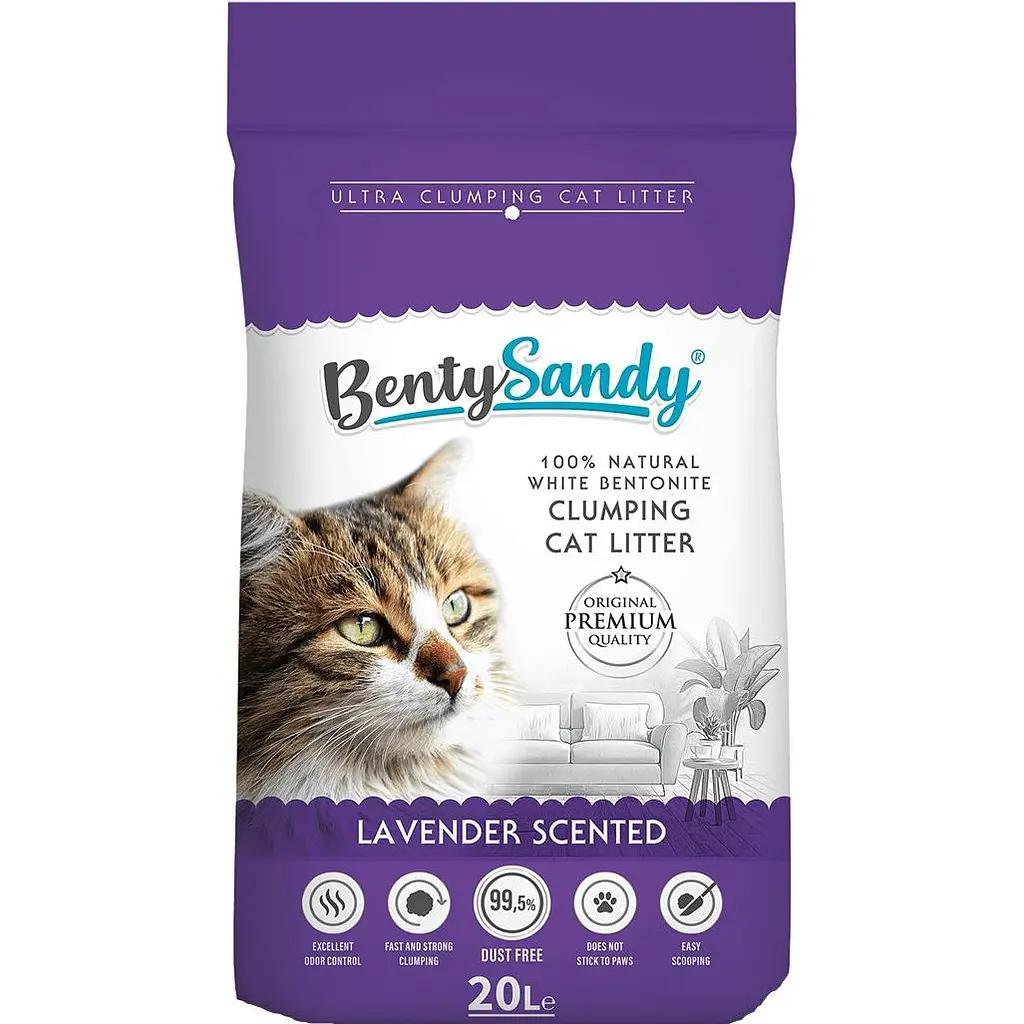 Наполнитель для кошачьего туалета Benty Sandy Lavender Scented бентонитовый с ароматом лаванды цветные гранулы 20 л - фото 1