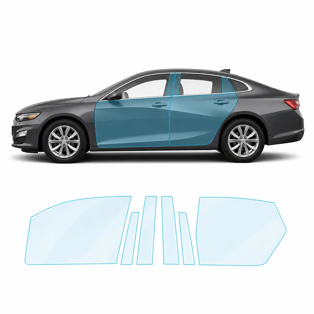Антигравійна захисна бронеплівка за лекалами для Chevrolet Malibu IX facelift 2019-2024 - зони дверей і стійки вікон