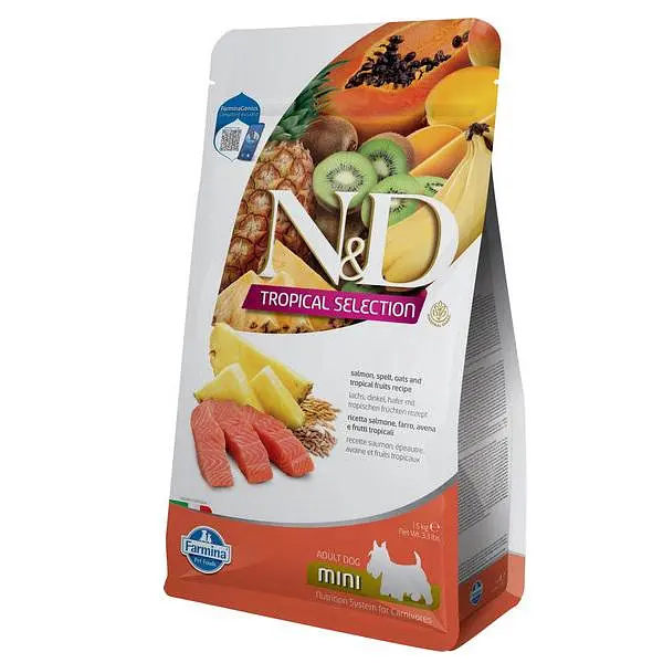 Сухий низькозерновий корм Farmina N&D TROPICAL SELECTION для дорослих собак дрібних порід з лососем і тропічними фруктами, 1,5 кг