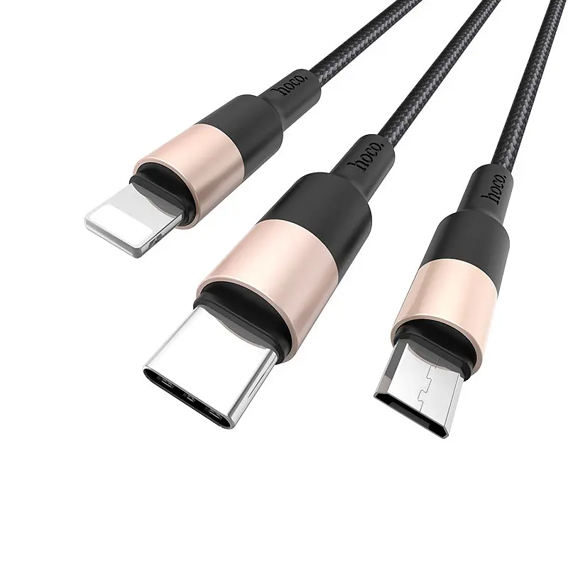 Кабель HOCO X26 USB to iP+Type-C+Micro 2A, 1m, nylon, aluminum connectors Чорний+Золотистий - фото 3