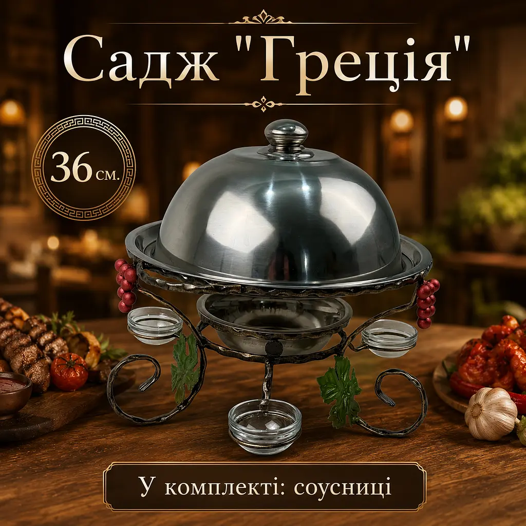 Садж Греція для подачі та підігріву шашлику 36 см з соусницями та кришкою - фото 5
