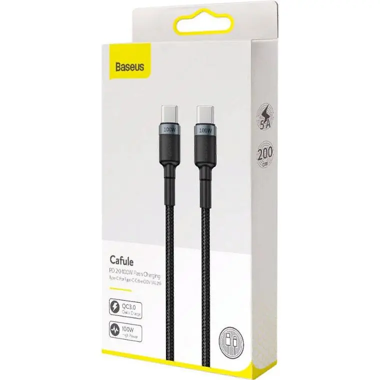 Кабель Baseus Cafule Metal USB-C to USB-C 100W 2m Gray/Black (CATKLF-ALG1) [75256] - фото 6