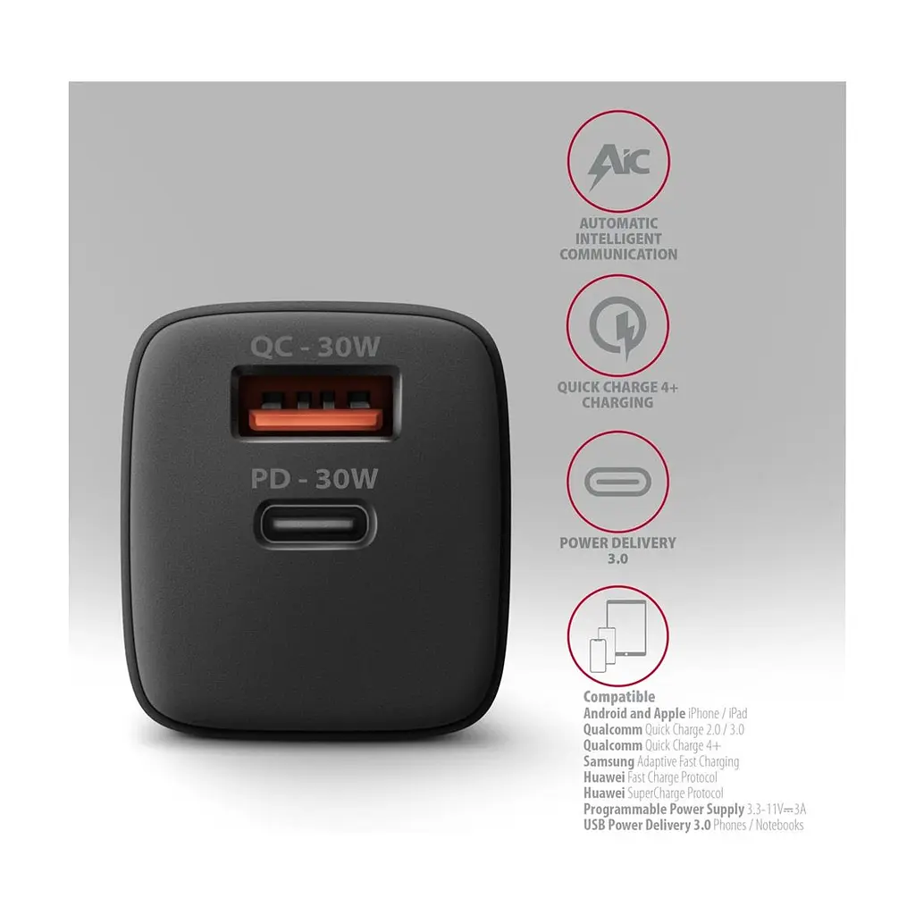 Зарядний пристрій AXAGON 1xUSB QC4.0 + 1xUSB-C PD30W PPS black (ACU-PQ30) - фото 6