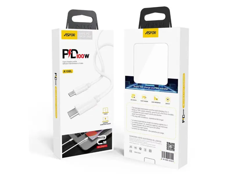 Кабель Aspor A108L PD Computer Fast Charge Type-C - Type-C 100W/2м White - фото 4