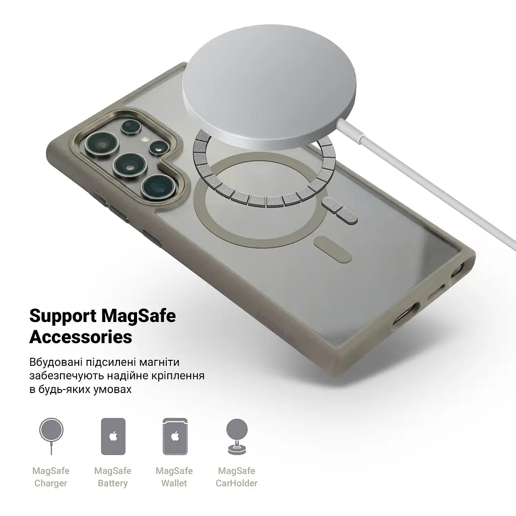 Чехол Samsung Galaxy S24 Ultra 5G (SM-S928), Unit MagSafe, серый, прозрачный, магсейф, противоударный, магнитный, панель-накладка с поддержкой MagSafe, с поддержкой беспроводной зарядки, TPU+PC, защита всего корпуса, ударопрочный - фото 4