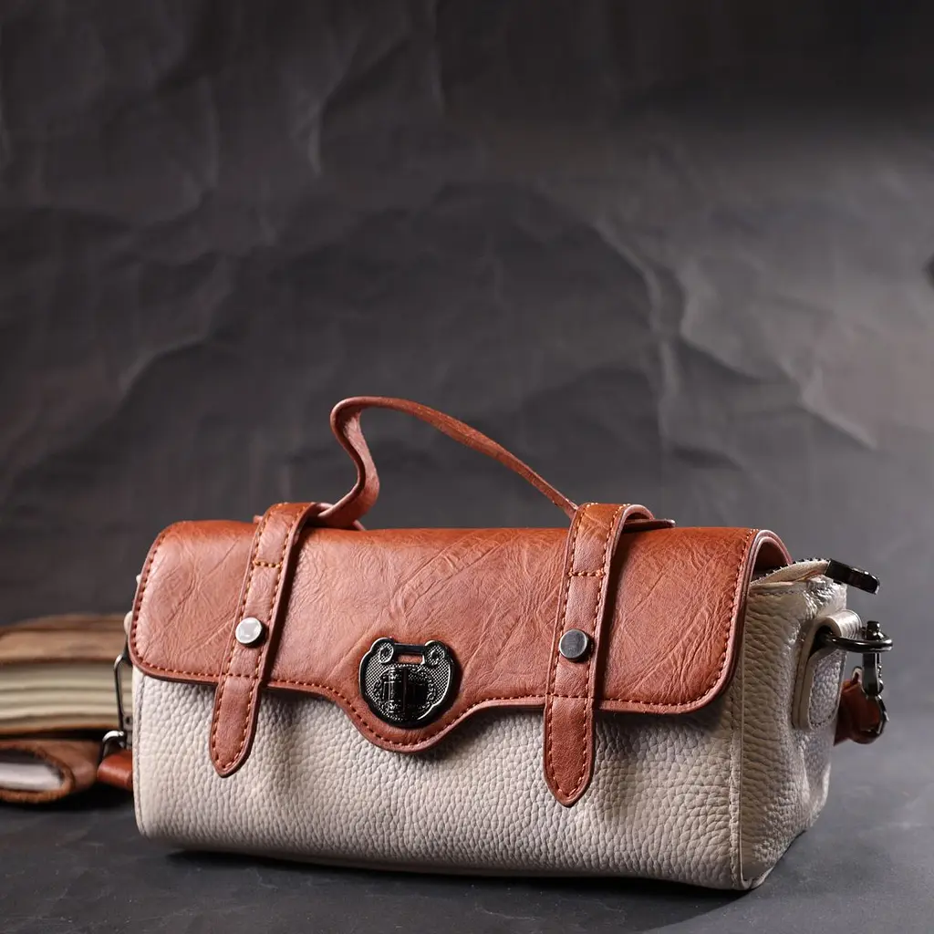 Вінтажна жіноча сумка з натуральної шкіри Vintage 22350 біло-коричнева - фото 9