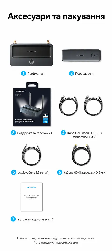 Бездротовий HDMI Vention передавач TX і приймач RX вхід HDMI виходи HDMI/VGA 1080p 60 Гц до 50 м без перешкод RX потребує USB-C 5 В 2 А для TX рекомендоване окреме живлення USB-C трансляція з телефона Wi-Fi без TX до 10 м аудіовихід 3,5 мм дублювання/розширення за підтримки ПК альбомний/портретний режим із телефона AirPlay приймач підтримує до 8 TX (додаткові окремо) кнопка відключення/підключення вебналаштування магнітна фіксація TX для зберігання сірий із чорним (ADTH0) - фото 6