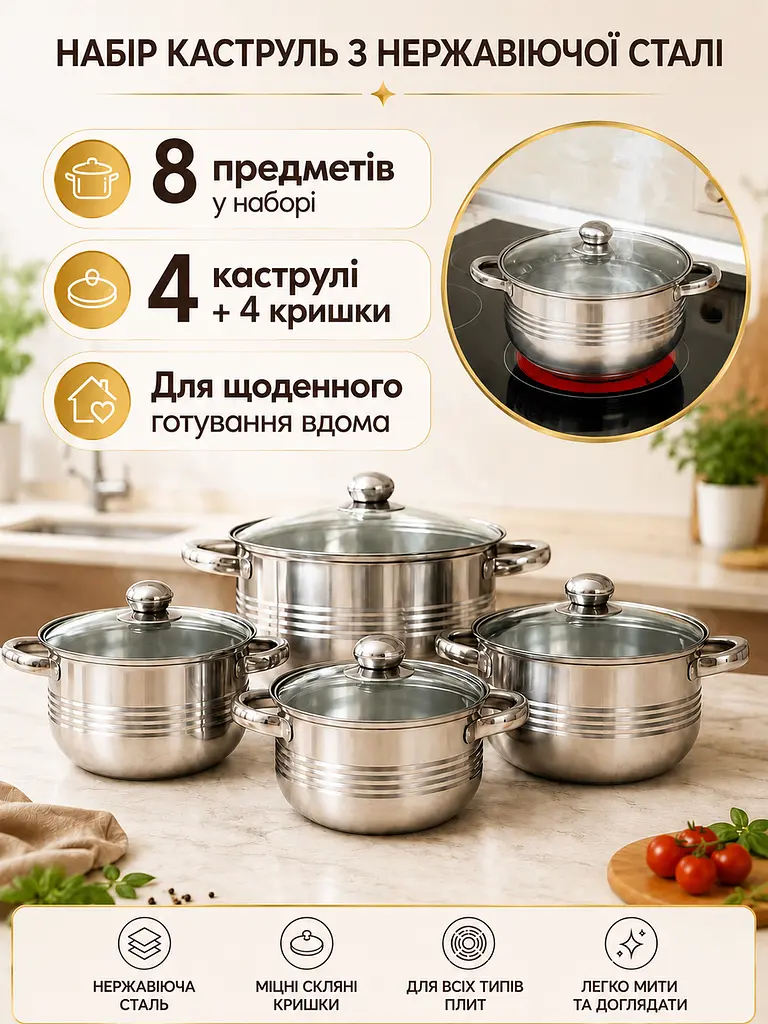 Набір каструль 8 предметів з нержавіючої сталі 16/18/20/24 см зі скляними кришками (49675918) - фото 2