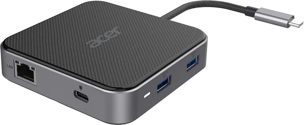 Розгалужувач, кардридер, USB-Хаб Acer USB hub Multiport Black USB-C HDMI/DP/2xUSB-A3.2/USB-C/RJ45/mini-jack, 0.15 м