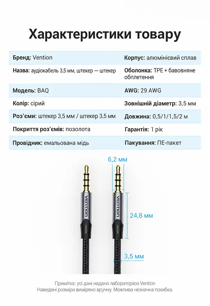 Аудіокабель для гарнітури Vention 1,5 м AUX штекери TRRS 3,5 мм на обох кінцях передавання аудіо та мікрофонного сигналу для мікрофона потрібна сумісність TRRS на обох пристроях бавовняне обплетення сірий (BAQHG) - фото 2