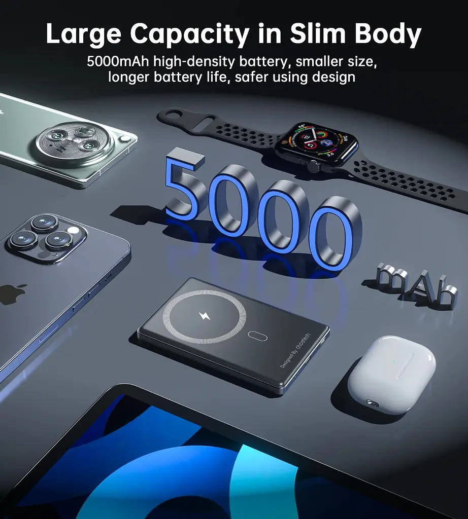 Універсальна мобільна батарея Choetech Magnetic Wireless 5000mAh 20W PD Qi-15W USB-C In/Out, тонкий, чорний - фото 8