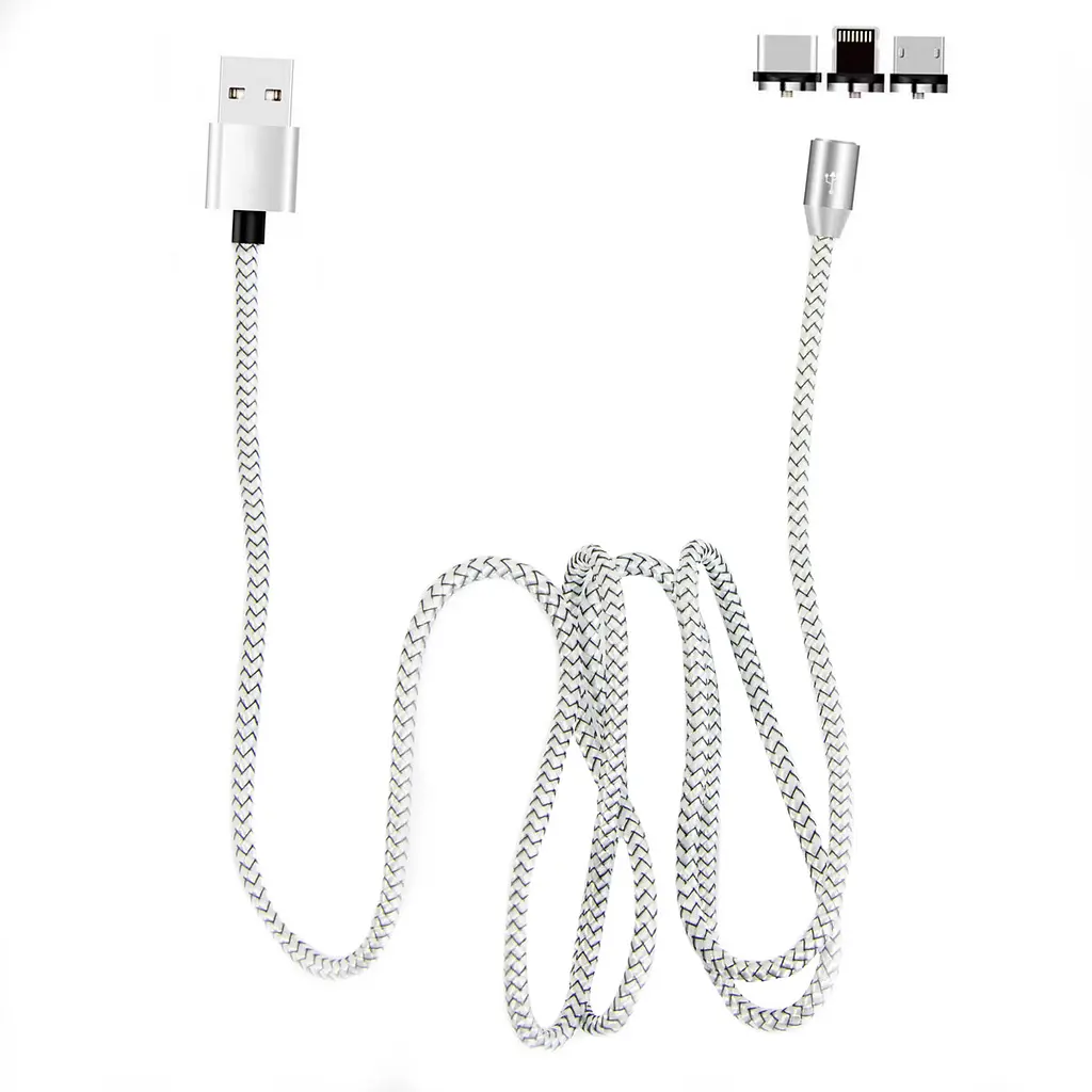 Магнітна зарядка X-Cable 3в1, кабель USB Type-C Micro USB Lightning, сріблястий шнур із підсвічуванням - фото 3